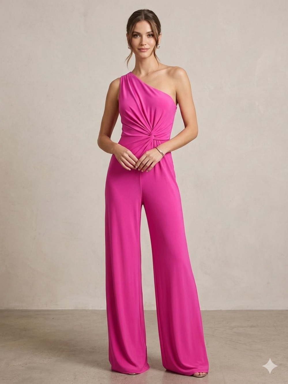 Halston Heritage One-Shoulder Twist-Waist Wide-Leg Jumpsuit in Fuchsia